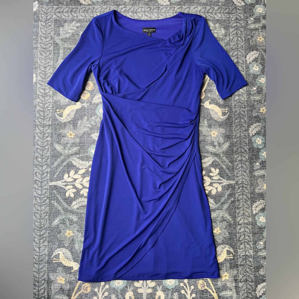 connected apparel Royal Blue Midi Dress with Draped Front